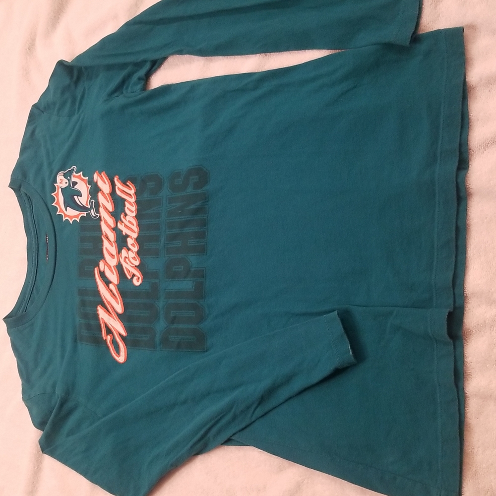 NFL Miami Dolphins Footbal Long Sleeve Top Lightweight Tee Aqua Blue Size Large